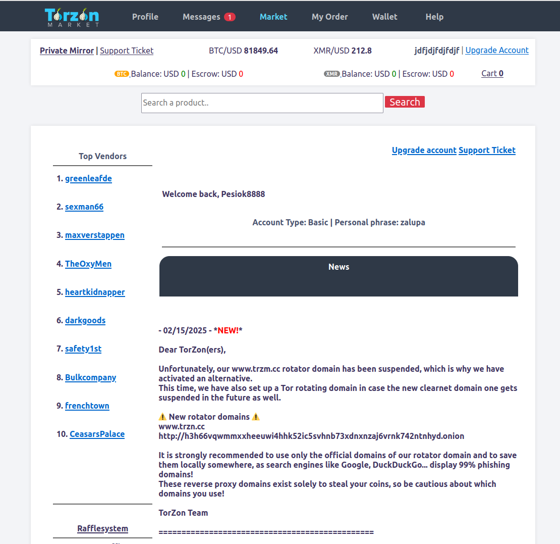 Torzon Market Homepage